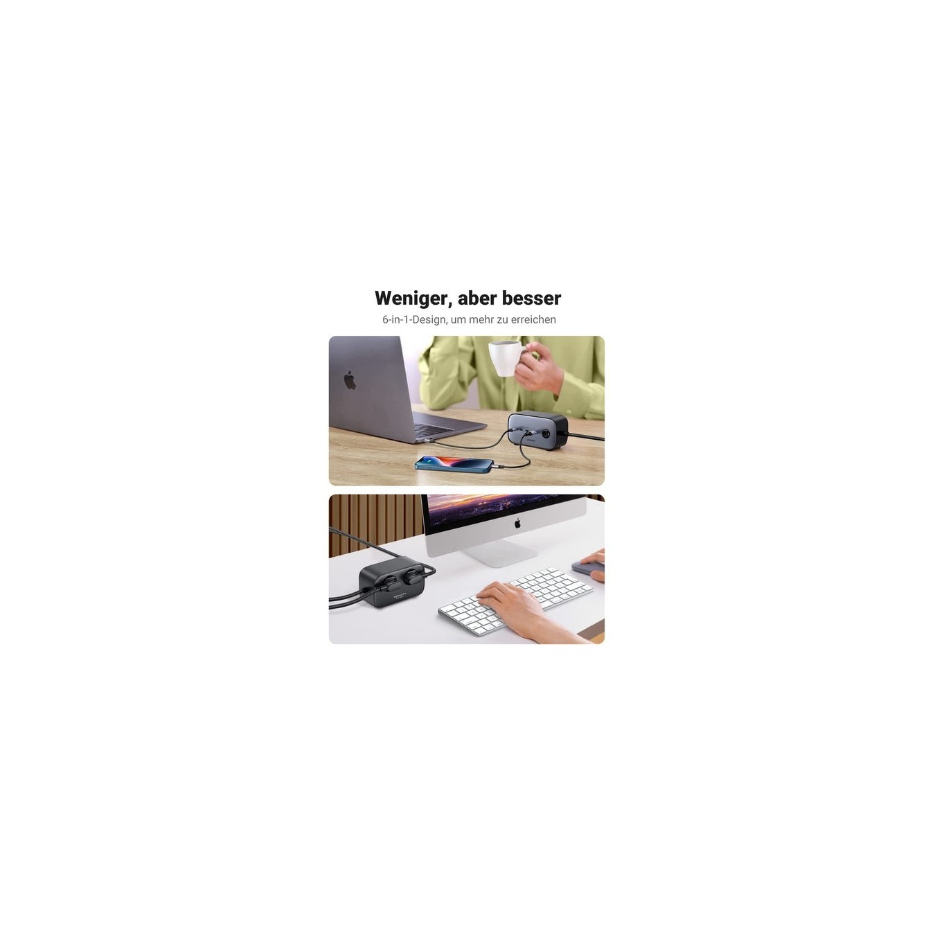 UGREEN DigiNest Cube Power Strip - 1 AC outlet, 4 USB ports, Type C plug, 1.8 m cable, Grey/Black