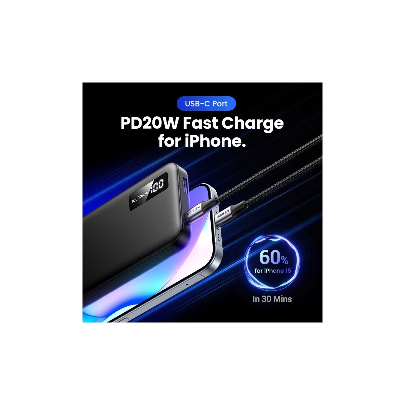 UGREEN 10000mAh Two-way Fast Charging Powerbank - 25742 - (Black, 10000mAh, USB-C input, 2-port USB output)