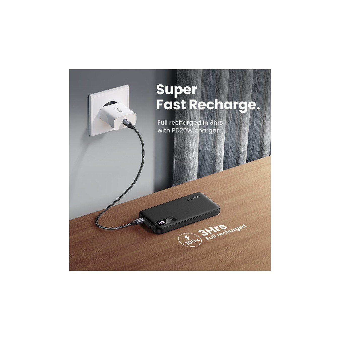 UGREEN 10000mAh Two-way Fast Charging Powerbank - 25742 - (Black, 10000mAh, USB-C input, 2-port USB output)