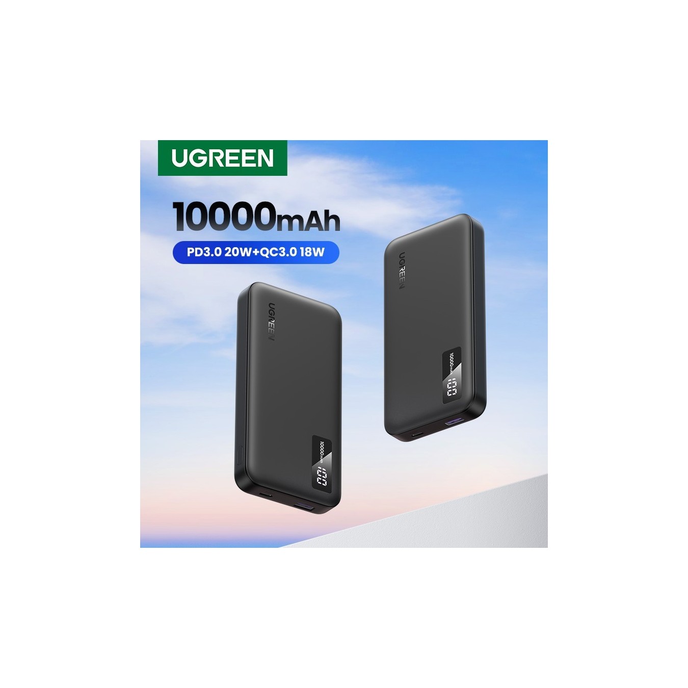 UGREEN 10000mAh Two-way Fast Charging Powerbank - 25742 - (Black, 10000mAh, USB-C input, 2-port USB output)