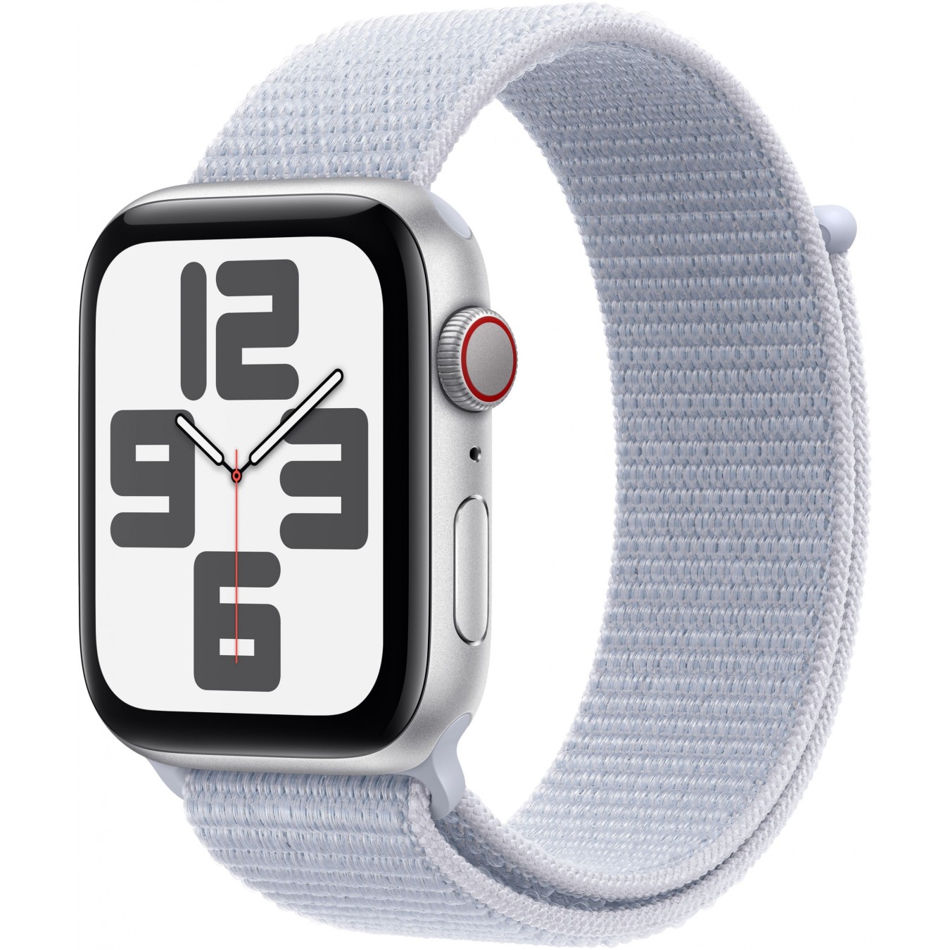 Apple Watch SE GPS + Cellular 44mm Silver Aluminium Case - Blue Cloud Sport Loop, 32 GB, OLED