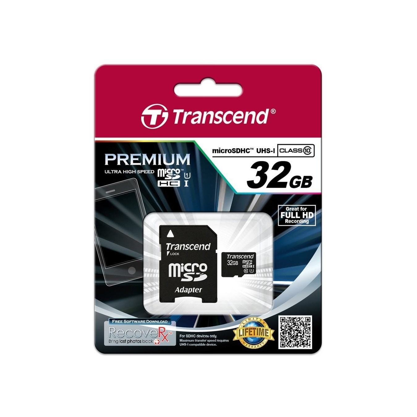 Transcend Premium MicroSDHC 32GB with Adapter - MicroSDHC, U1, Class 10, 90 MB/s (Black/Red)