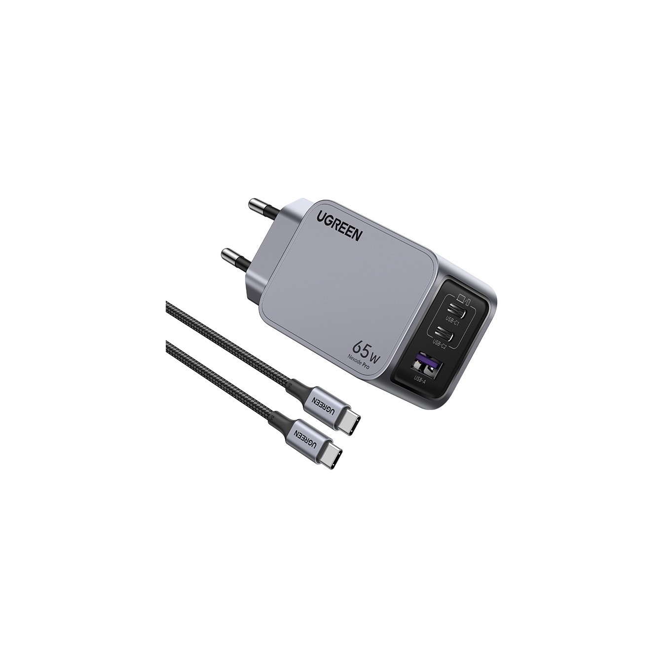 UGREEN Nexode Pro 65W GaN Charger with USB-C Cable - 25871 - Grey, 65W, 3-Port (2x USB-C, 1x USB-A)
