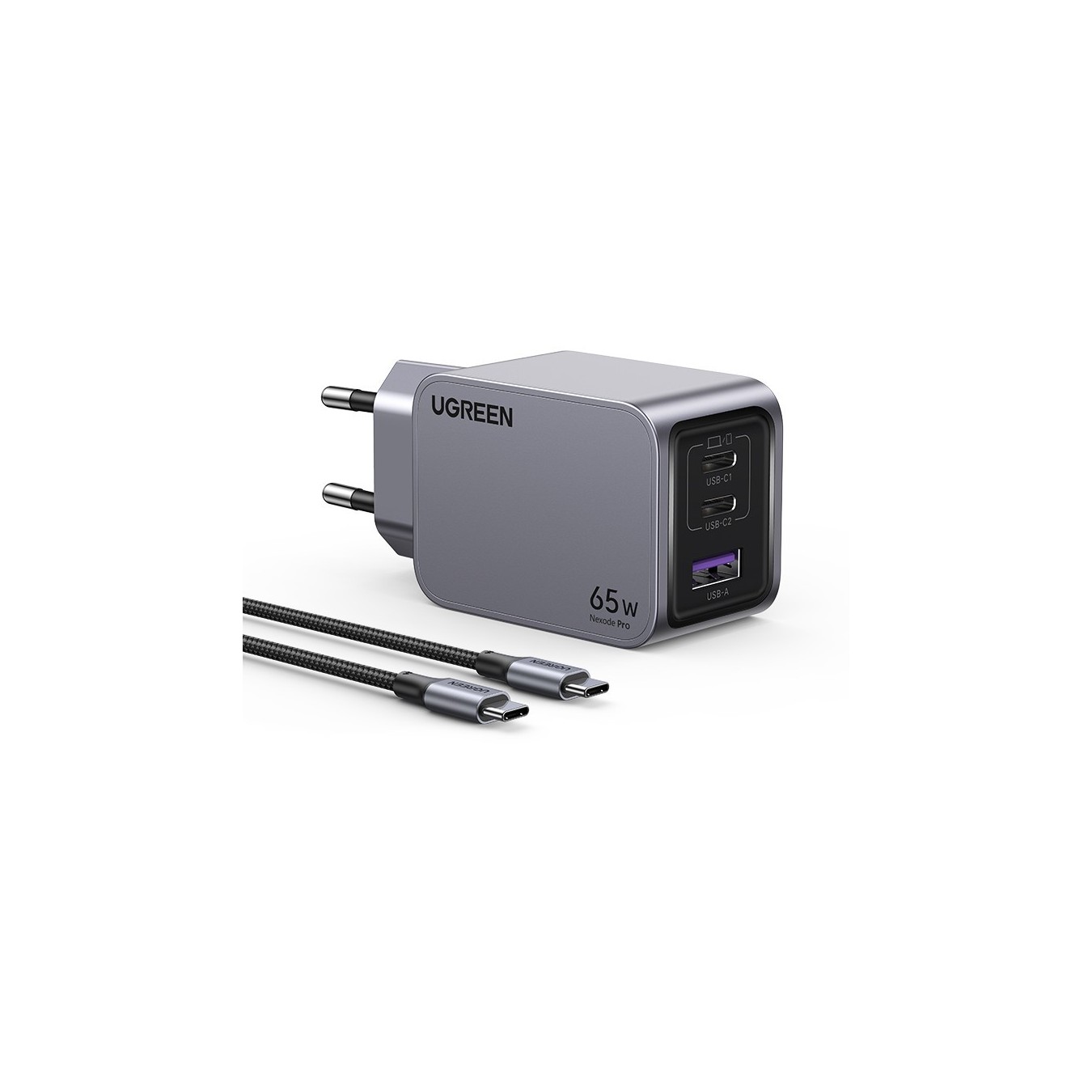 UGREEN Nexode Pro 65W GaN Charger with USB-C Cable - 25871 - Grey, 65W, 3-Port (2x USB-C, 1x USB-A)