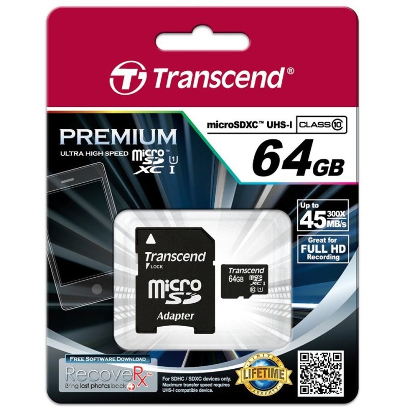 Buy Transcend microSDXC Card 64GB UHS-I with Adapter - Black/Red, Class 10, U1 in Cyprus, Nicosia, Limassol, Larnaka, Pafos