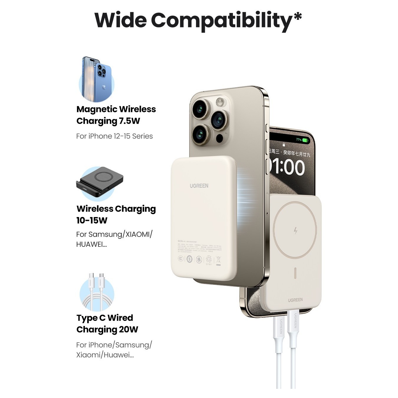 UGREEN 10000mAh Mini Powerbank Wireless 20W MagSafe - Beige — Buy in Cyprus with Fast Delivery
