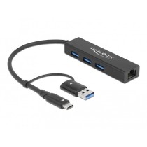 DELOCK 3-Port USB 3.2 Gen 1 Hub + Gigabit LAN with USB-C or USB-A Host - 3 Downstream USB, 1 GbE