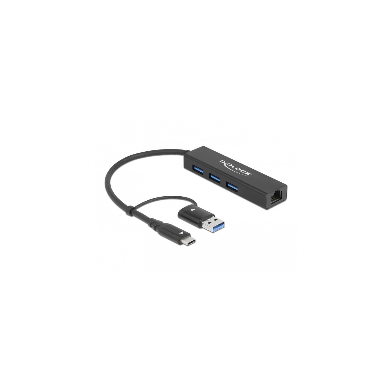 DELOCK 3-Port USB 3.2 Gen 1 Hub + Gigabit LAN with USB-C or USB-A Host - 3 Downstream USB, 1 GbE