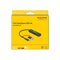 DELOCK 3-Port USB 3.2 Gen 1 Hub + Gigabit LAN with USB-C or USB-A Host - 3 Downstream USB, 1 GbE