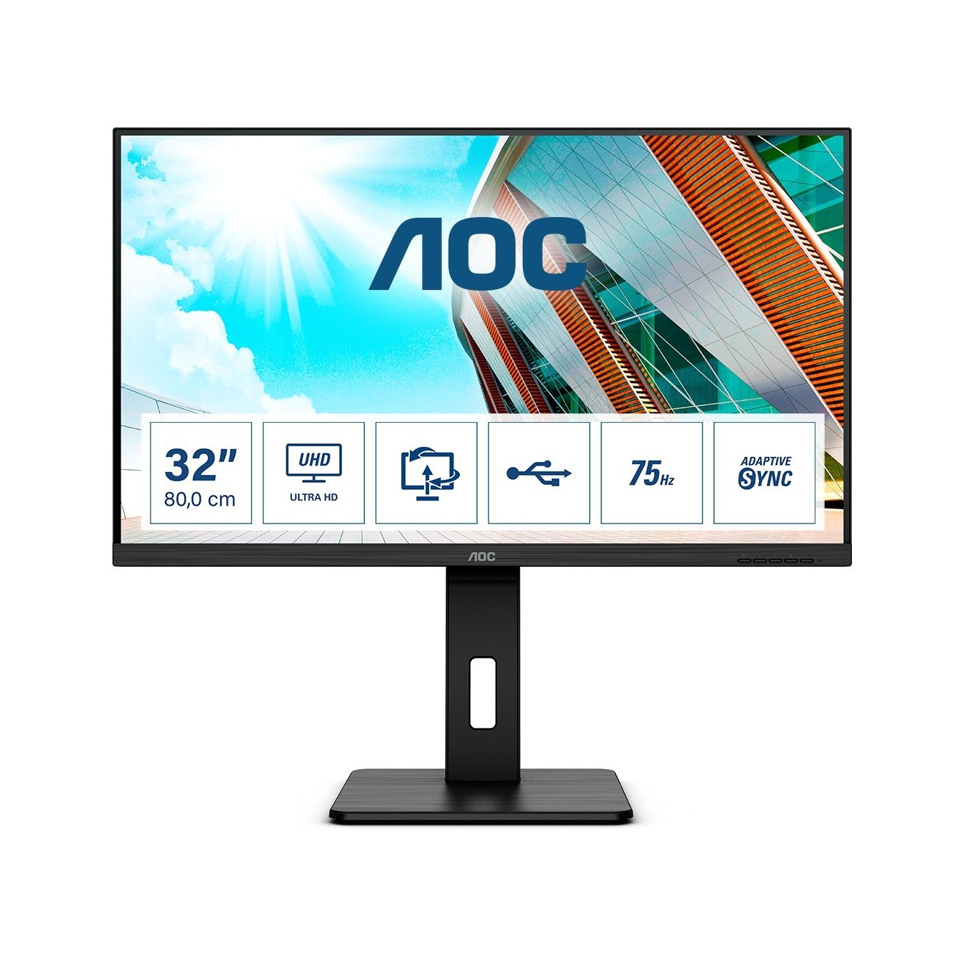 AOC P2 4K UHD Monitor - U32P2 - 31.5-inch, 75Hz, Pivot, USB 3.2, 2xHDMI, DP, Black — Buy in Cyprus with Fast Delivery