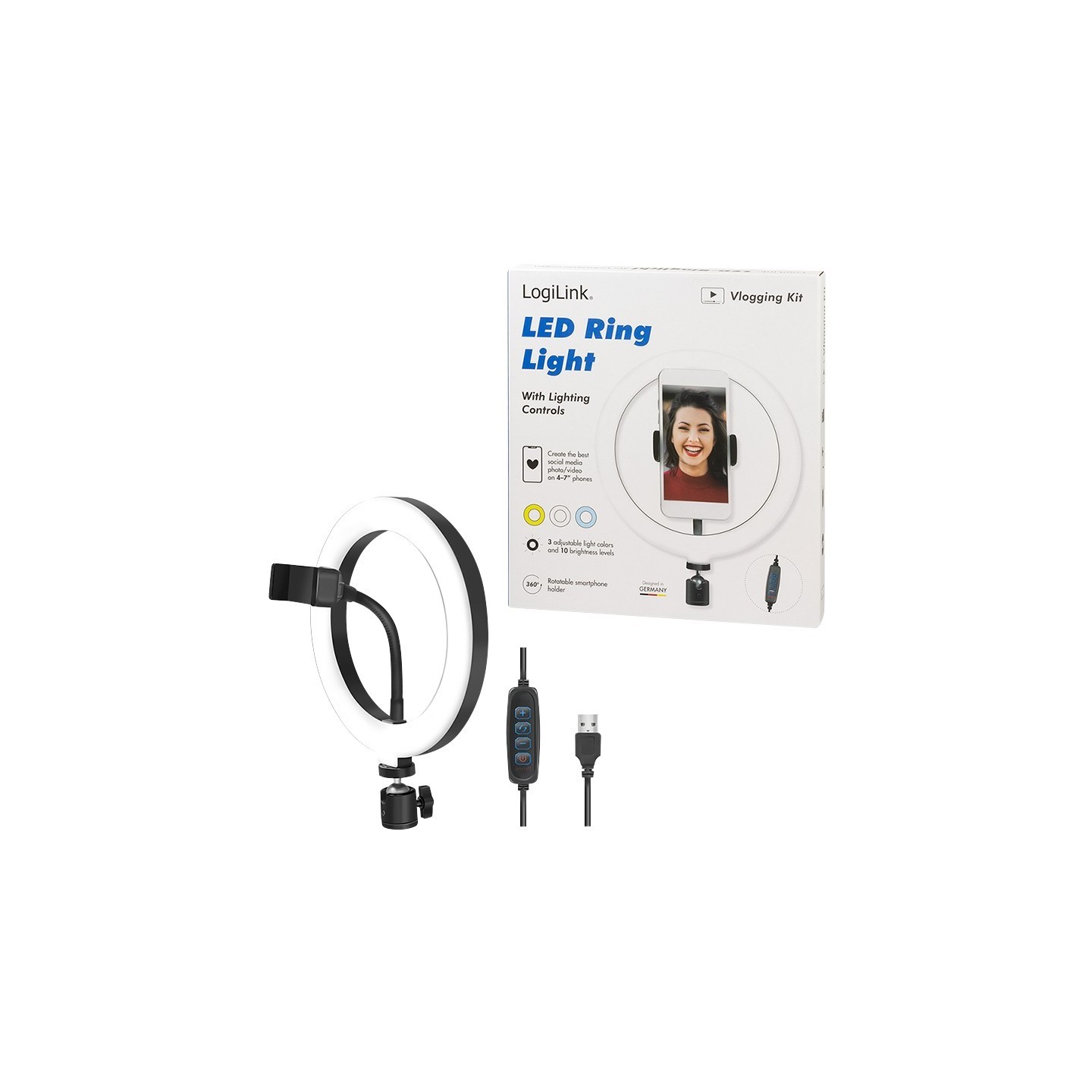 Logilink Smartphone Ring Light - Characteristics (20 cm diameter, 1.8 m USB cable) — Buy in Cyprus with Fast Delivery