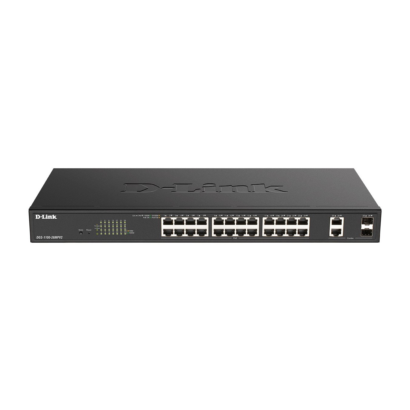 24-Port PoE+ Smart Managed Switch - DGS-1100-26MPV2 - 24x PoE, 2x SFP, 370W, Gigabit, Rackmount