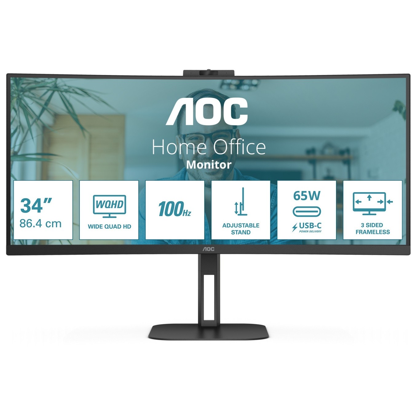 AOC 34-inch Curved Monitor - CU34V5C - Black, 34-inch ultrawide, 3440x1440, HDMI/DP/USB-C — Buy in Cyprus with Fast Delivery
