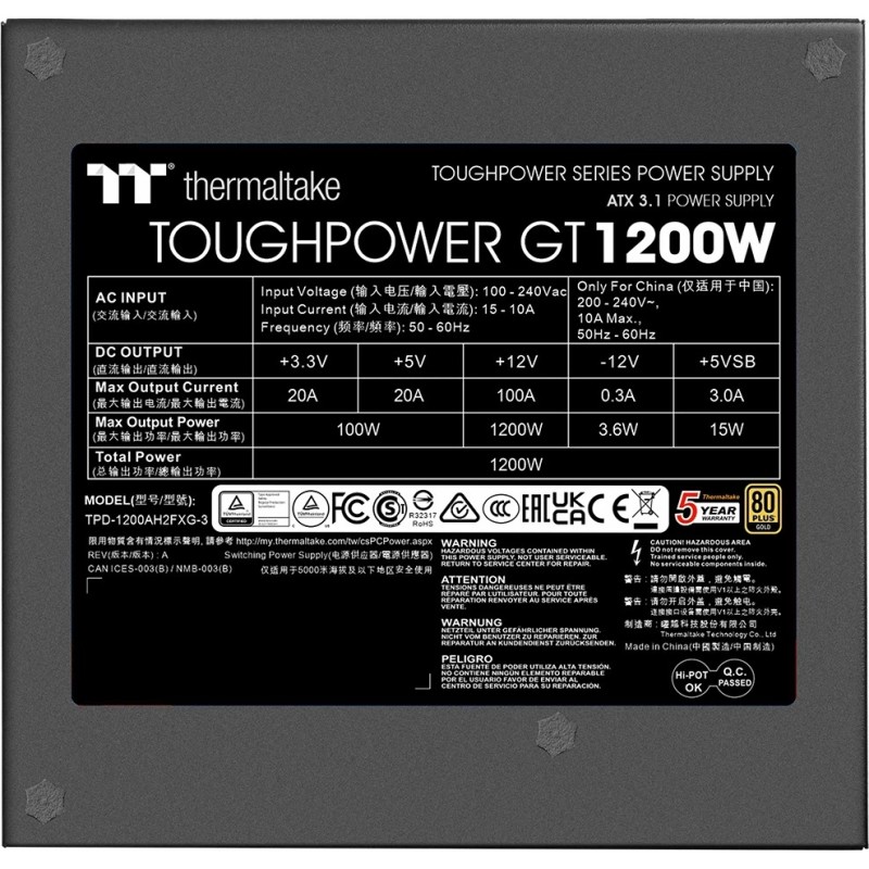 Buy 1200W Thermaltake Toughpower GT - GT - ATX3.1 GEN5, 80+Gold, Black in Cyprus, Nicosia, Limassol, Larnaka, Pafos