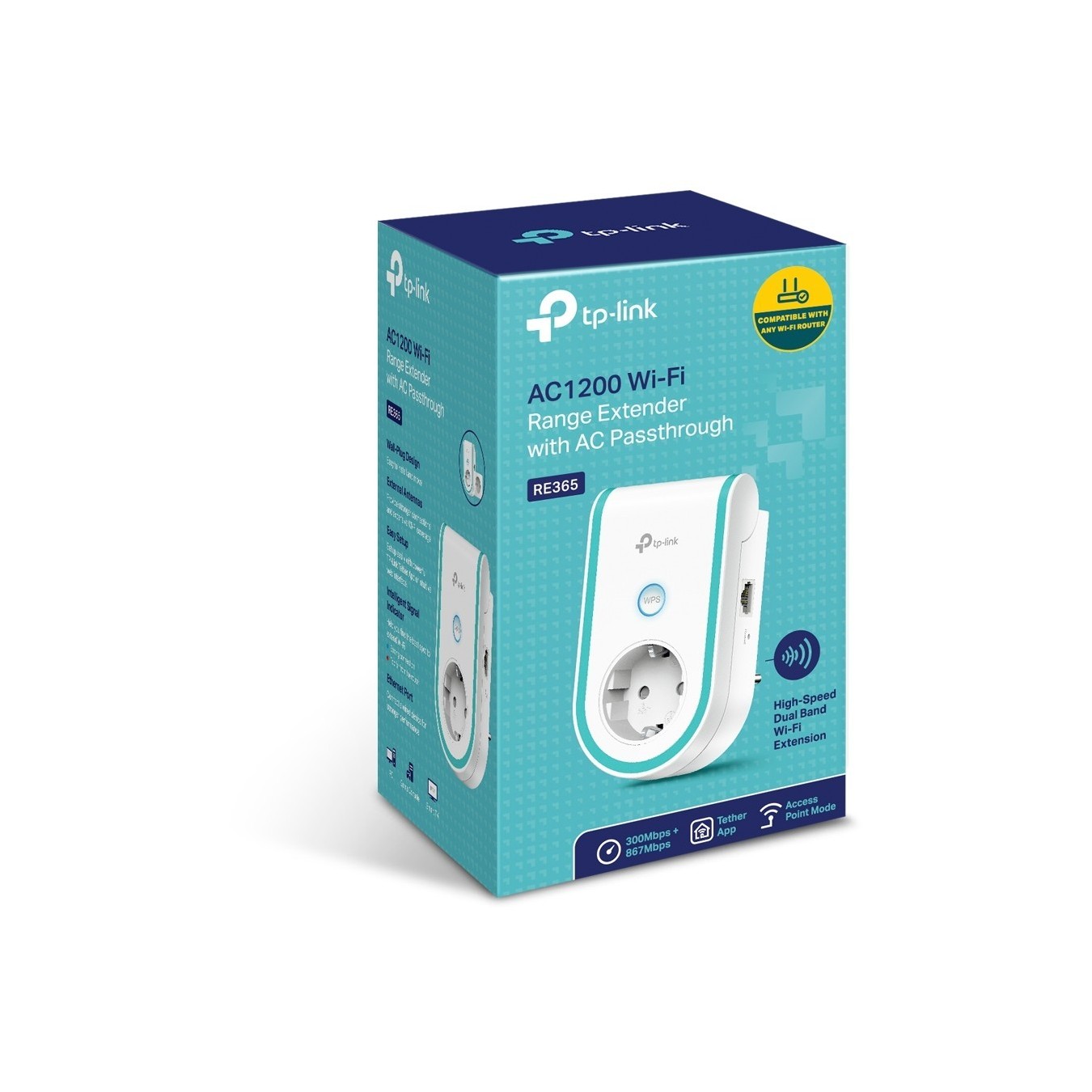 TP-Link RE365 Network Repeater - RE365 - White, 802.11ac, 2.4/5GHz, 10/100 Mbps Ethernet, Wall Plug