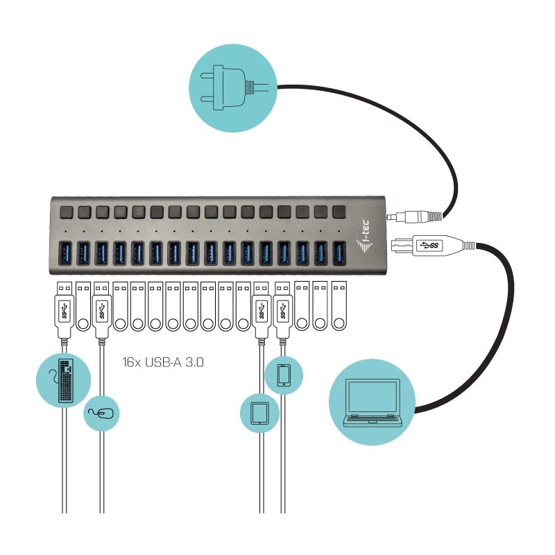 Buy DI-TEC USB 3.0 Hub 16-Port 90W - USB-A Hub, 16 Ports, 90W PD in Cyprus, Nicosia, Limassol, Larnaka, Pafos