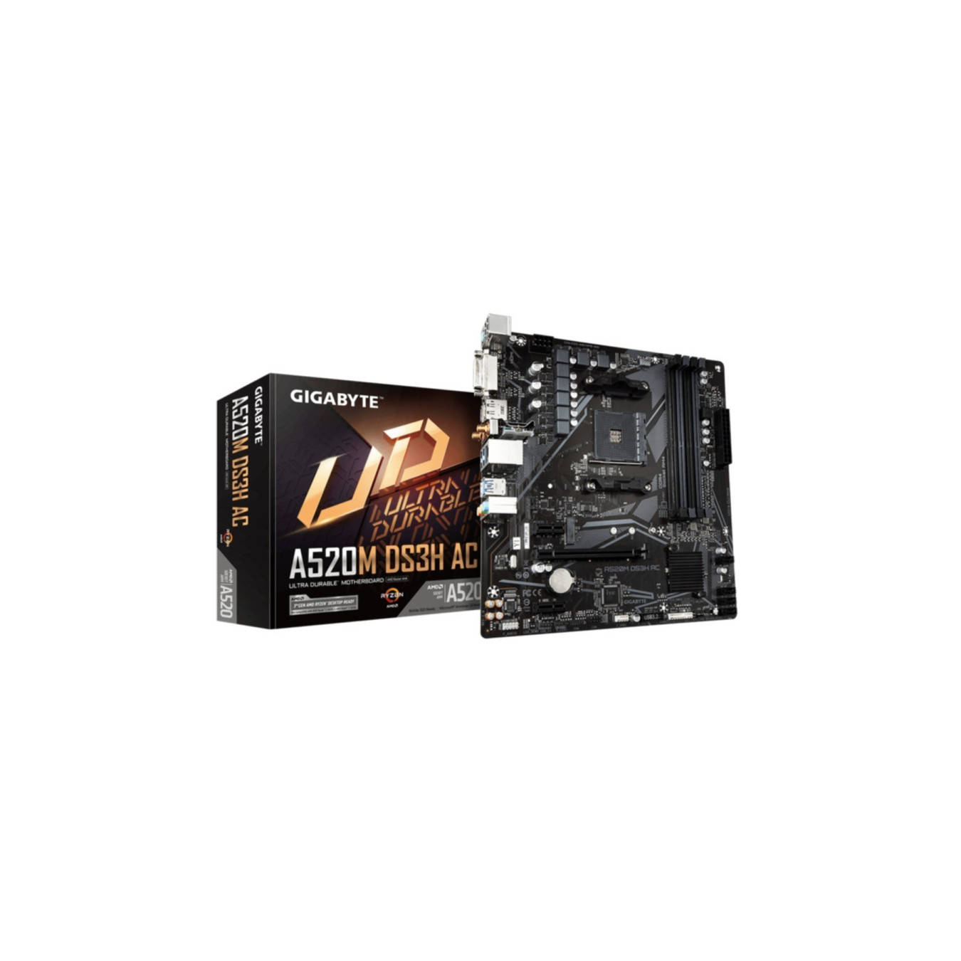 Gigabyte GA-A520M-DS3H AC - Micro-ATX AM4 Motherboard, AMD A520, DDR4 up to 128GB, 4x DIMM, HDMI/DP, Wi-Fi, RGB, Black