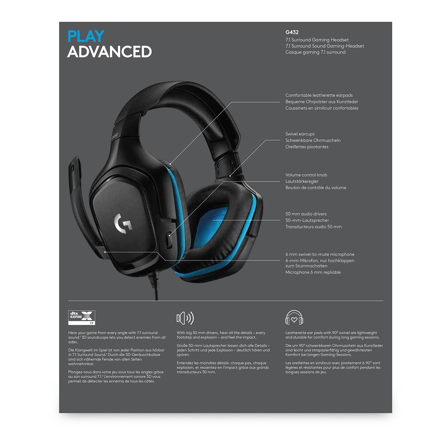 Logitech G432 Gaming Headset - 50mm Drivers DTS 7.1 - 981-000769 (Boxed) — Buy in Cyprus with Fast Delivery
