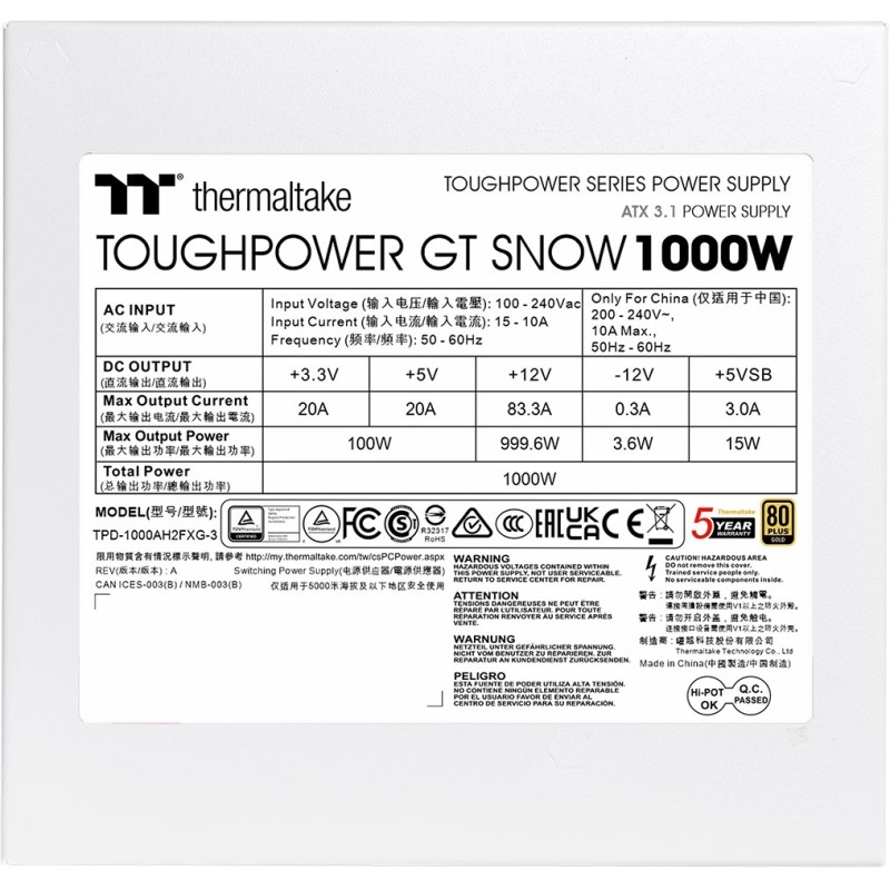 Buy Thermaltake Toughpower GT 1000W Snow - ATX3.1, 80+ Gold, Fully Modular in Cyprus, Nicosia, Limassol, Larnaka, Pafos
