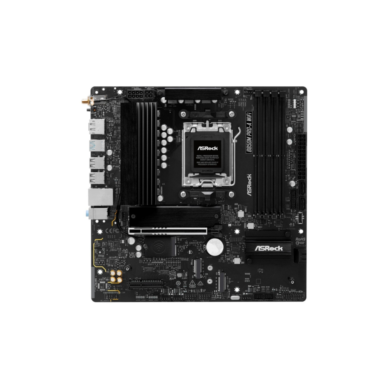 ASRock B850M Pro A WiFi - AM5 Micro-ATX Motherboard - DDR5, 4x DIMM, 256GB Max, Wi‑Fi 6E, 2.5Gb LAN, PCIe 5.0 (Black)