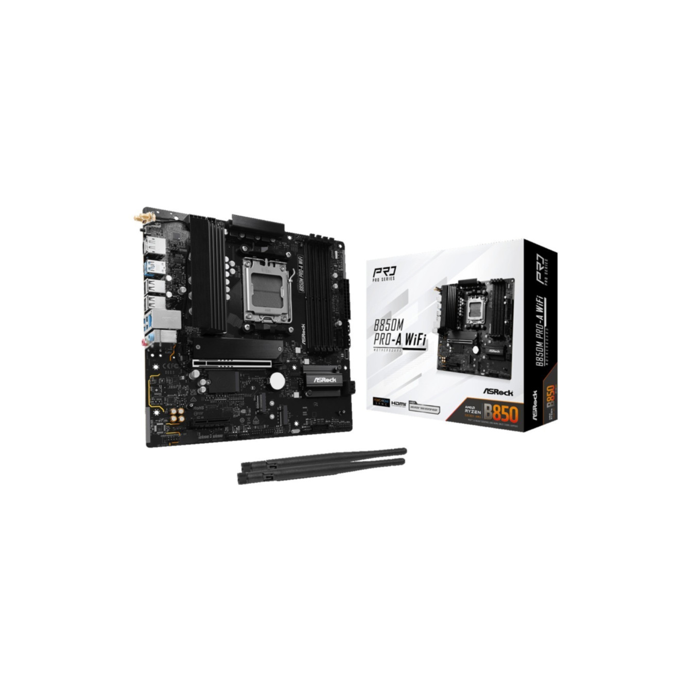 ASRock B850M Pro A WiFi - AM5 Micro-ATX Motherboard - DDR5, 4x DIMM, 256GB Max, Wi‑Fi 6E, 2.5Gb LAN, PCIe 5.0 (Black)
