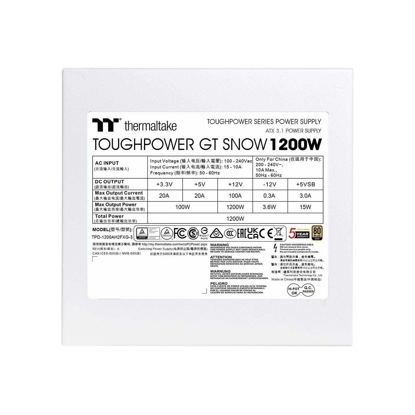 Thermaltake Toughpower GT 1200W Snow - ATX3.1 80+ Gold Fully Modular Power Supply - PS-TPT-1200FNFAG*-W (Boxed)