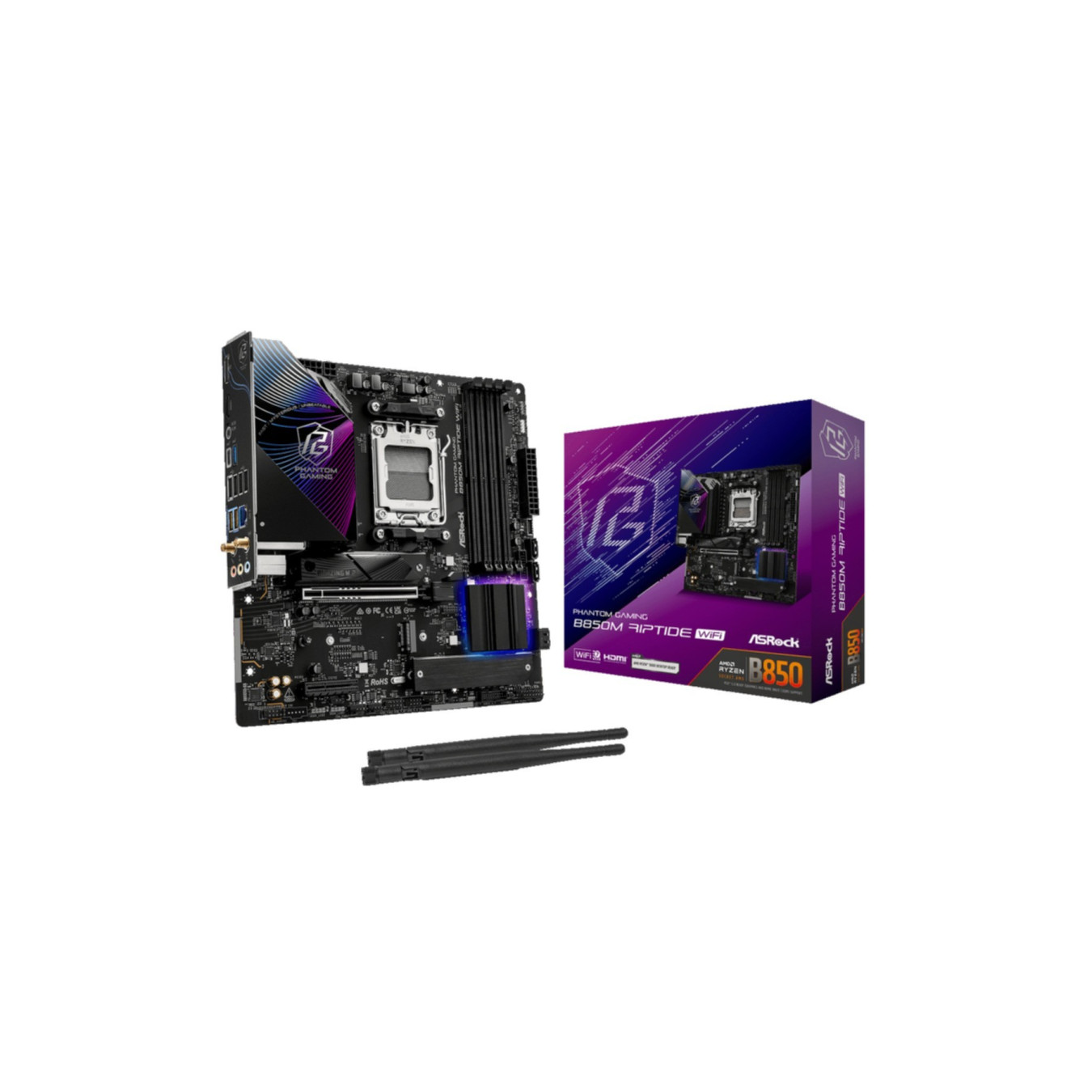 ASRock B850M Riptide WiFi - AM5 microATX DDR5 Motherboard, 4 DIMM 256GB, PCIe 5.0 x16, 2.5Gb LAN, Wi-Fi 7 (Black)
