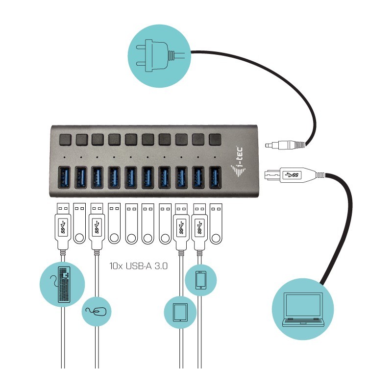 D I-TEC USB 3.0 HUB 10 PORT - USB-A Hub, 10-Port, 48W Power Supply — Buy in Cyprus with Fast Delivery